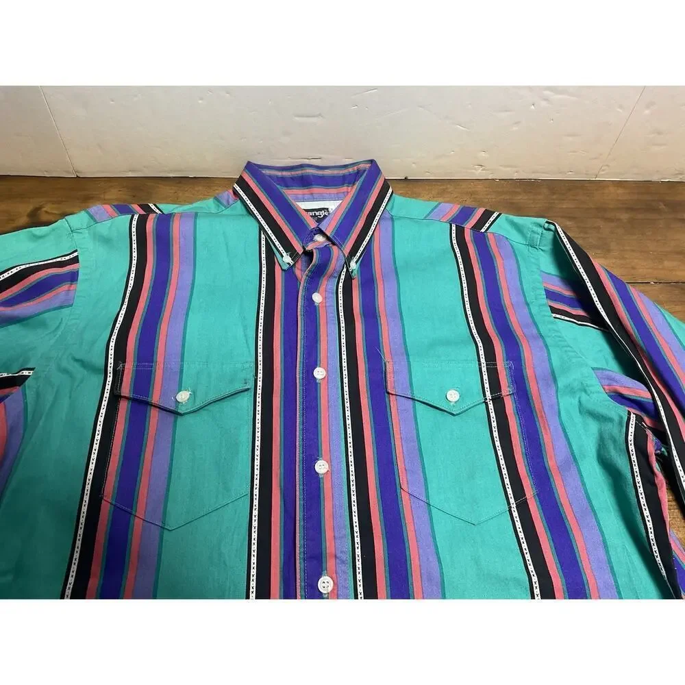 Vintage Wrangler Brushpopper Western Striped Button Up X-Long Tails 17x36 USA